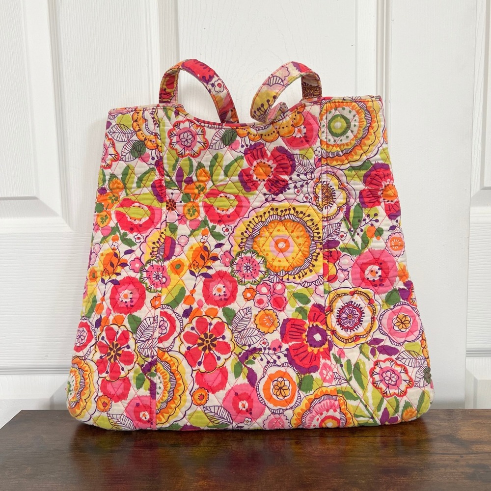 Vera Bradley Tote Bag Womens Large Pink Floral Excellent Quilted Cotton Shoulder